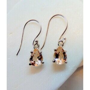 Natural Pink Morganite Gemstone Sterling Silver Dangle Drop Earrings Teardrop
